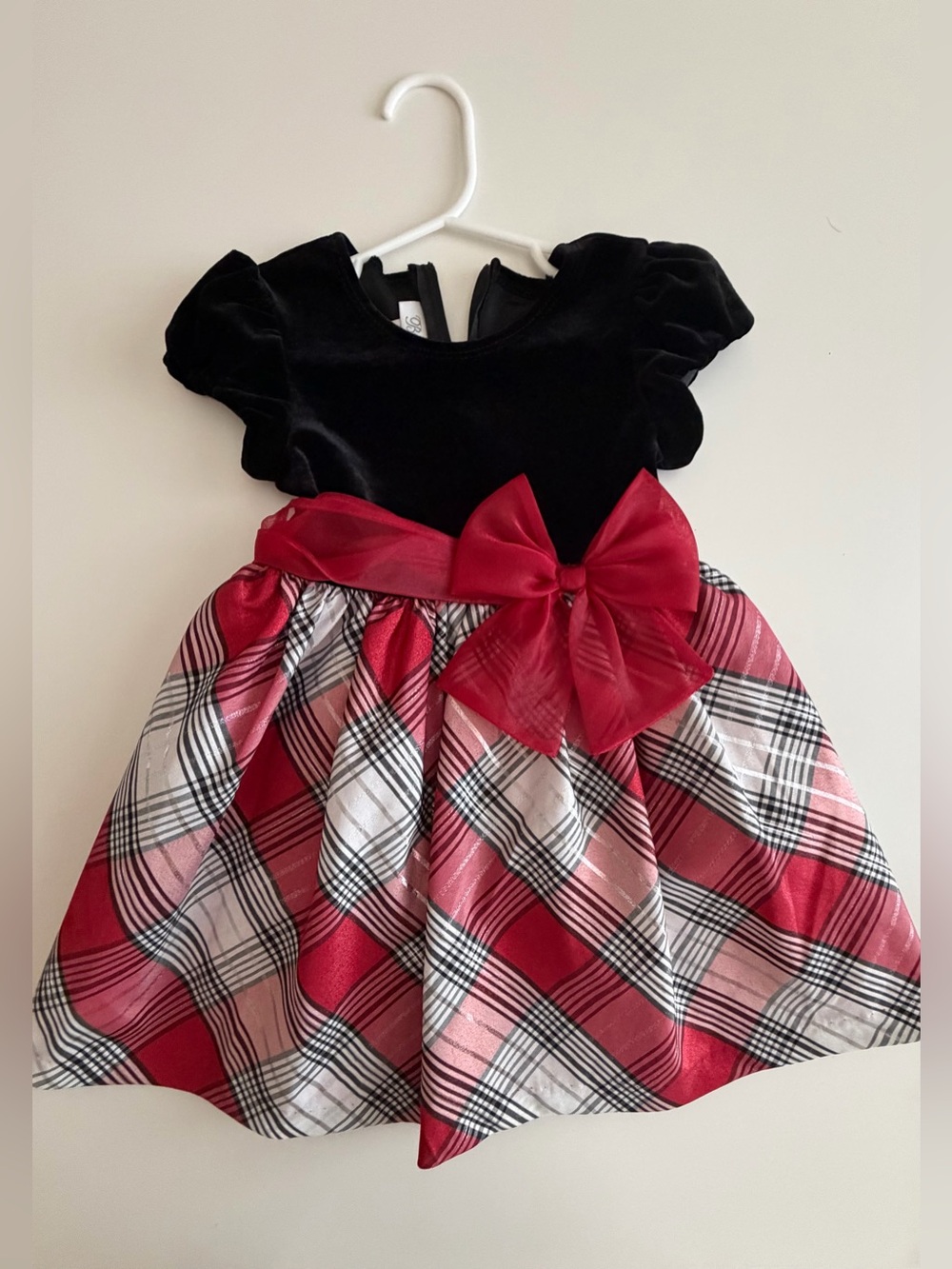 Bonnie Jean Girls 3T Holiday Dress- Black Velvet, White & Red Plaid with Bow EUC